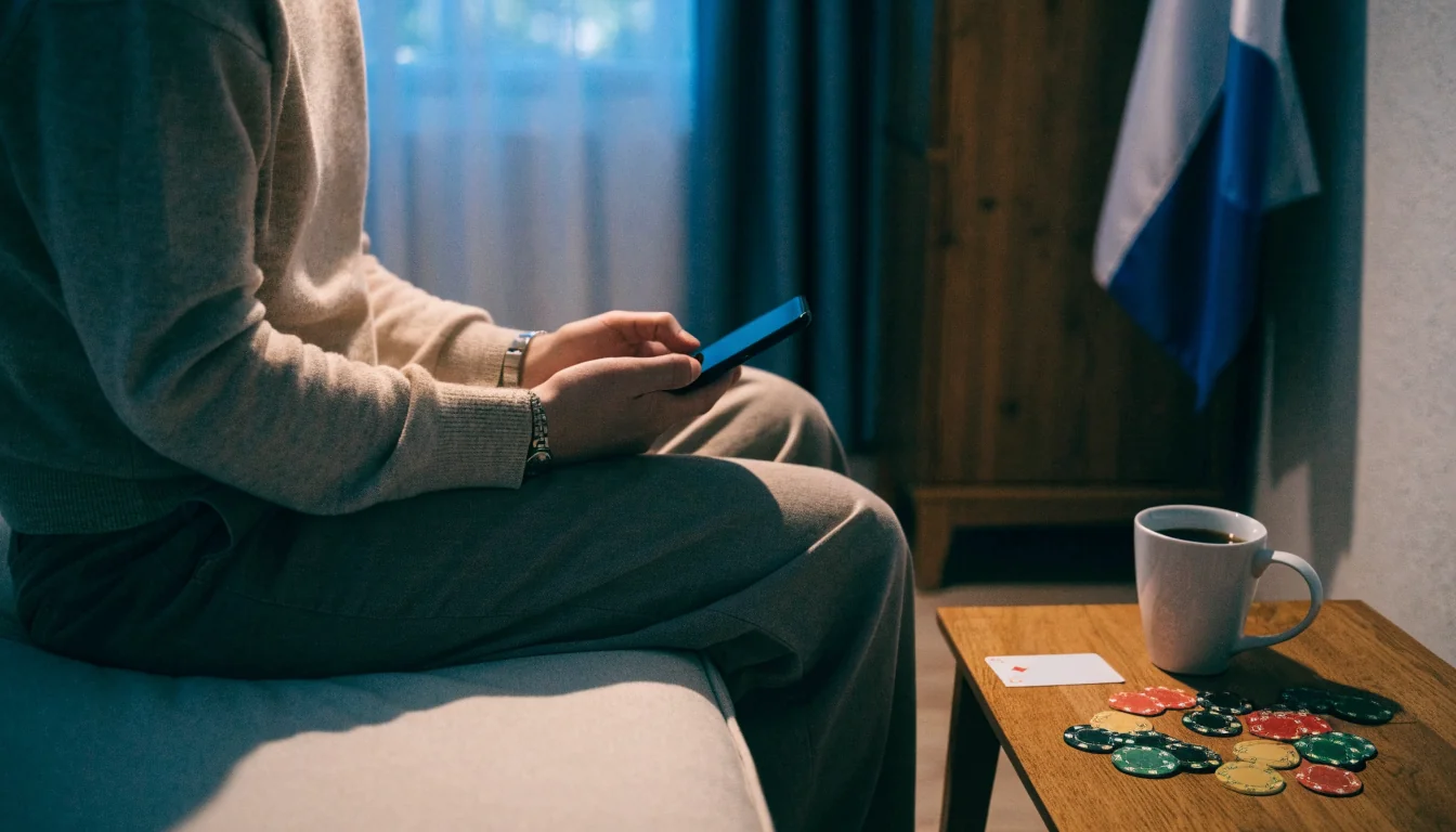 Suomalainen pelaaja sohvalla kahvin ja pelimerkkien kanssa