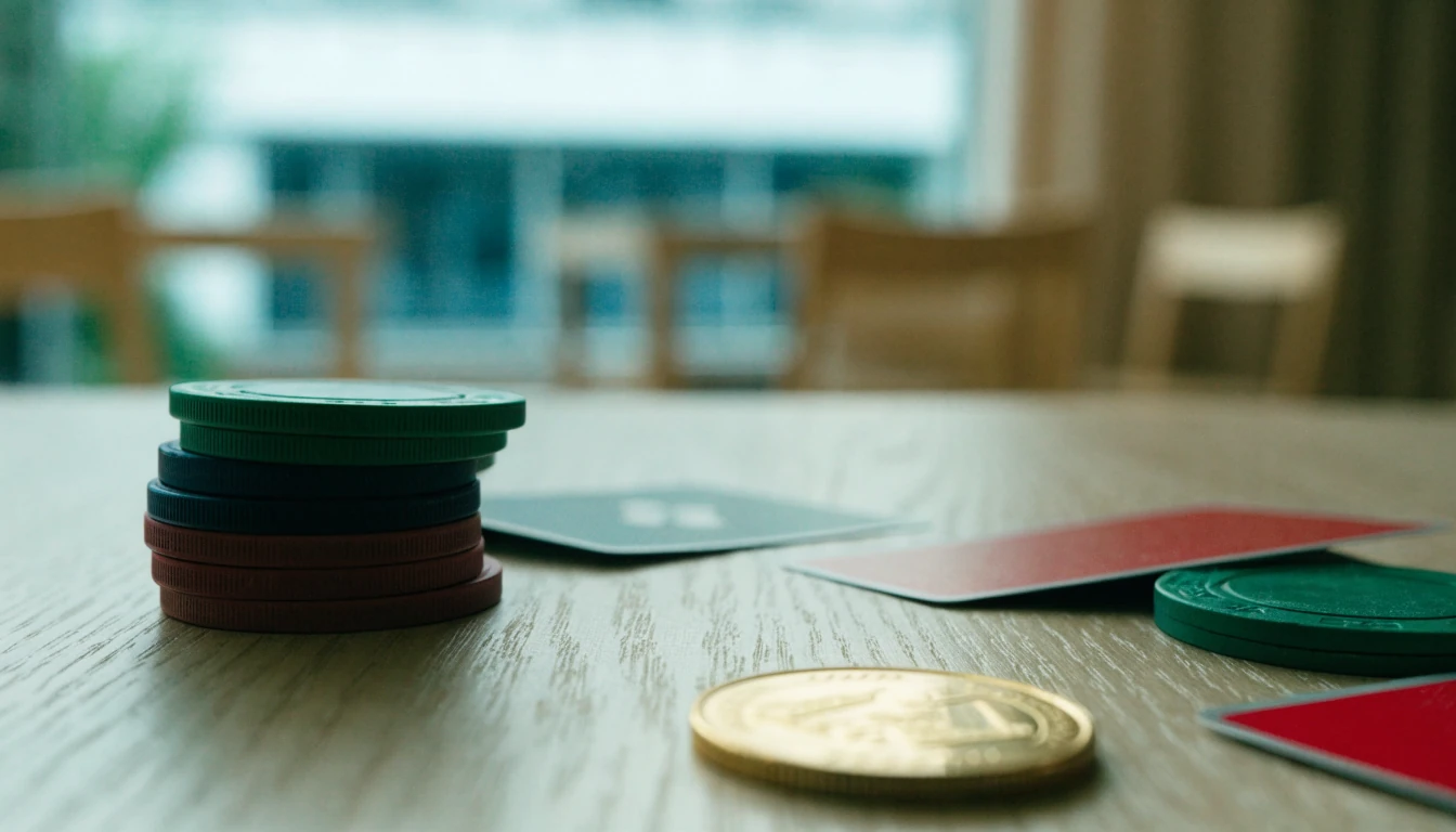 Viiden euron kolikko, pokerimerkit ja pelikortit puisella pöydällä