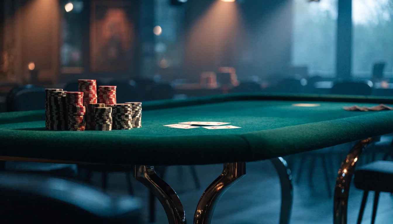 Tyylikäs live-baccarat-pöytä kasinostudiossa, pelikortteja ja pelimerkkejä