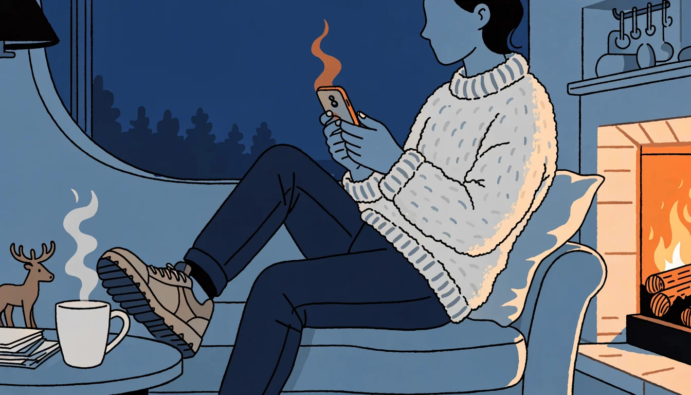 Henkilö sohvalla puhelin kädessä, takka ja kahvikuppi