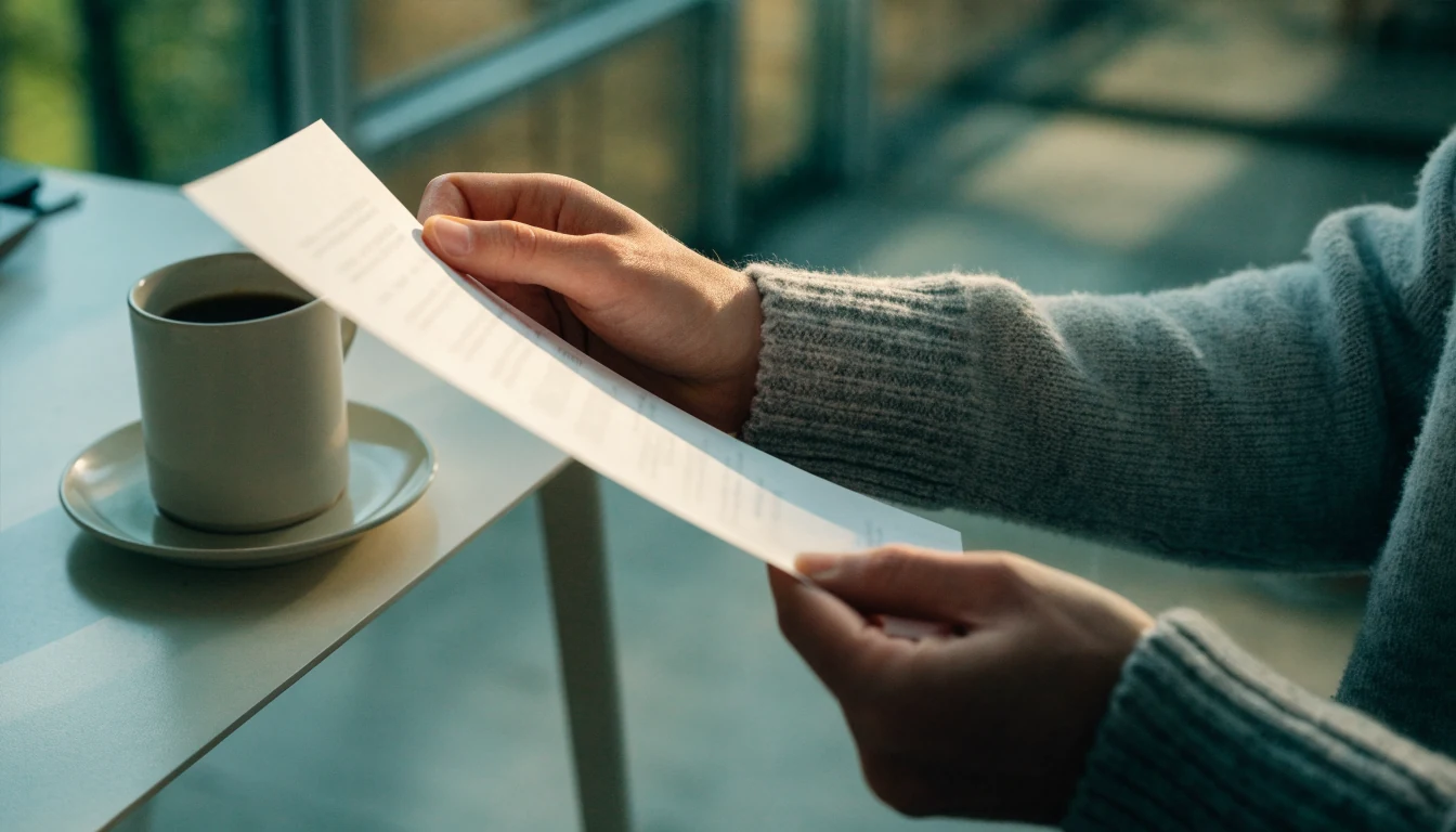 Kädet pitävät tulostettua paperia työpöydän ääressä