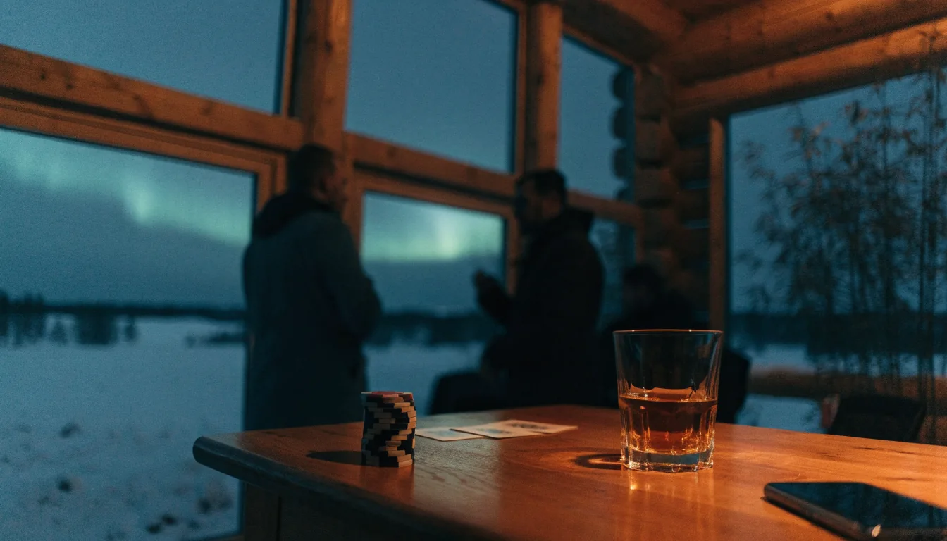 Suomalainen kelomökki talvi-illassa, pöydällä pelimerkkejä ja kortteja