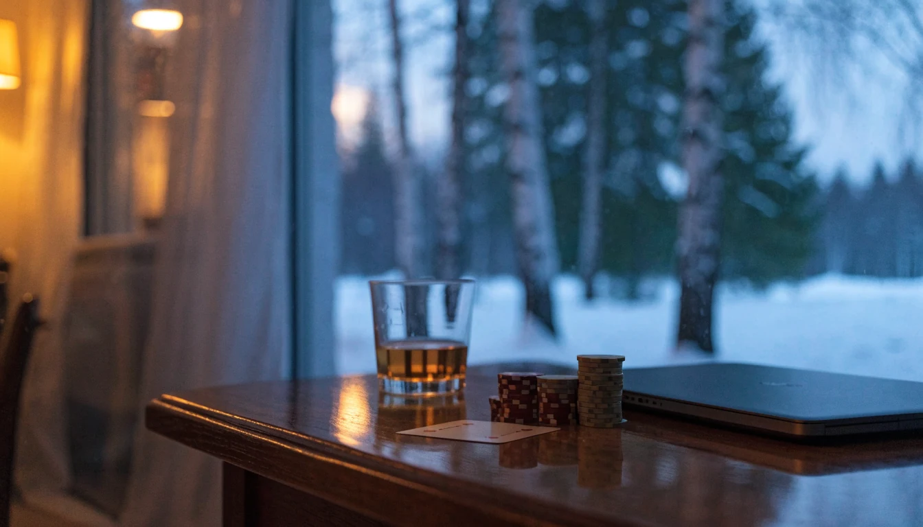 Suomalainen tunnelmallinen sisustus, kasinopinoja ja whisky pöydällä