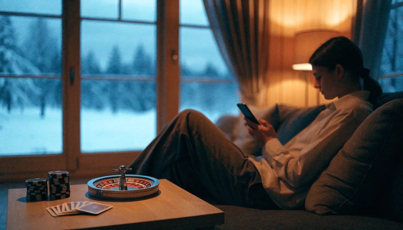 Suomalainen pelaaja sohvalla kännykän ja kasinon pelimerkkien kanssa