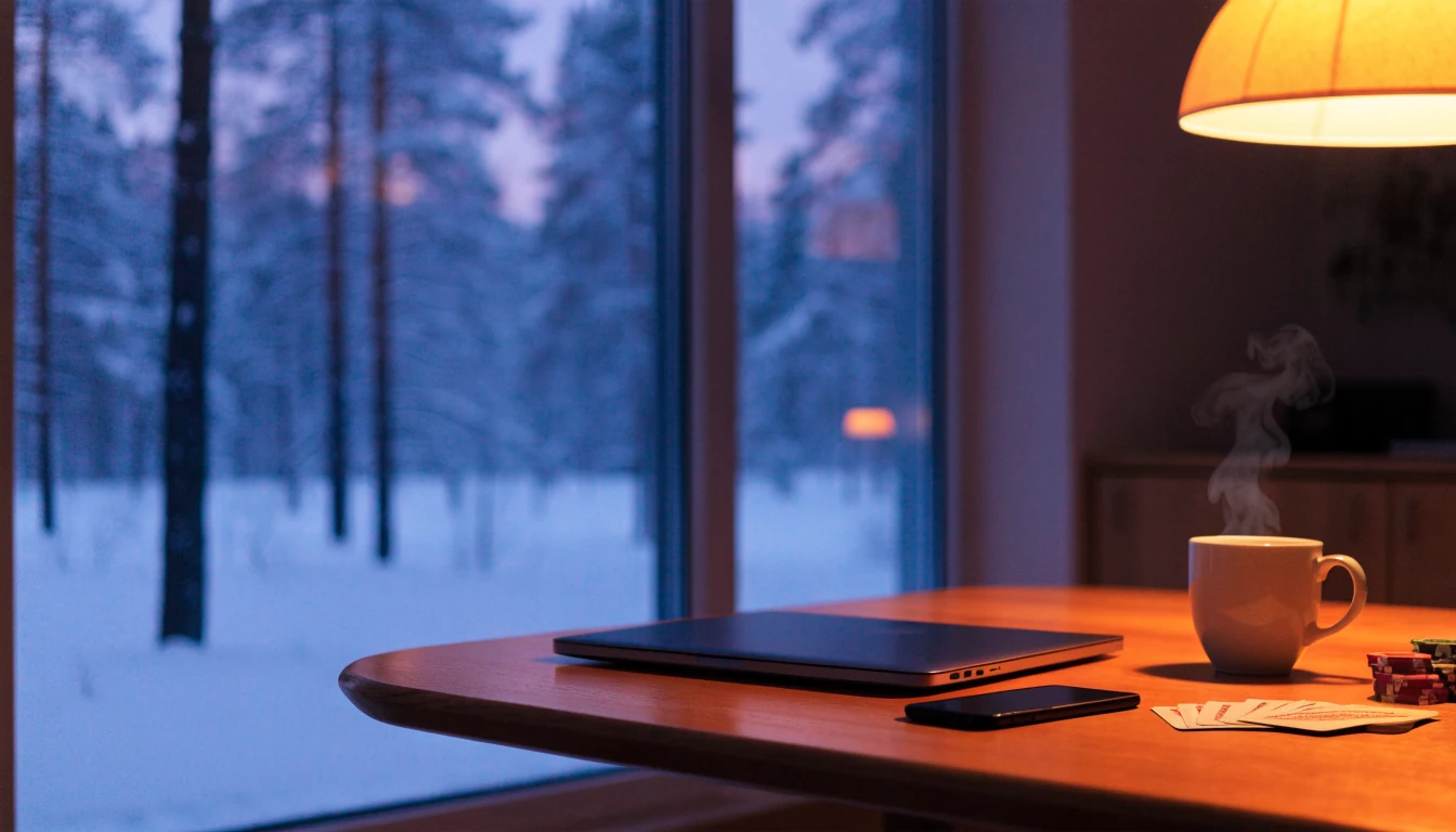 Suomalainen olohuone illalla, pöydällä pelikortit ja kannettava tietokone