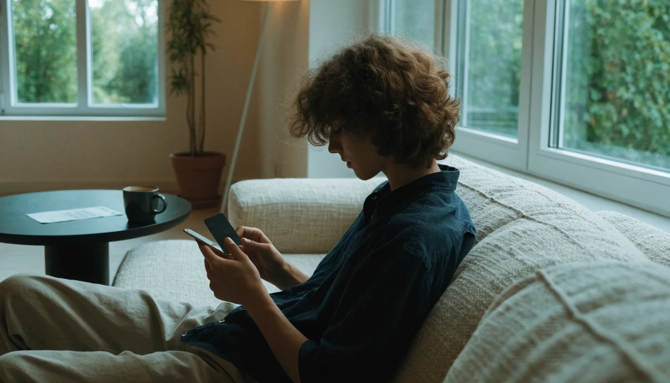 Rentoutunut henkilö sohvalla, pankkitunnistautuminen ja mobiilimaksaminen