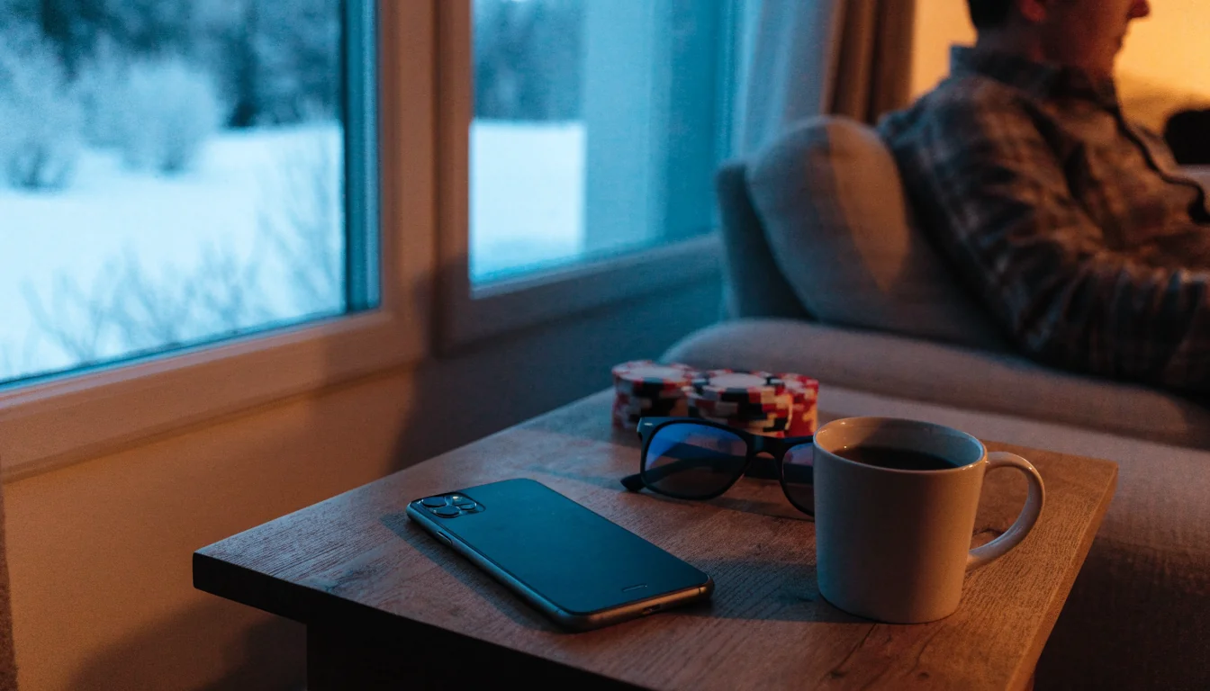 Rentouttava hetki suomalaisessa kodissa, kahvi ja älypuhelin pöydällä