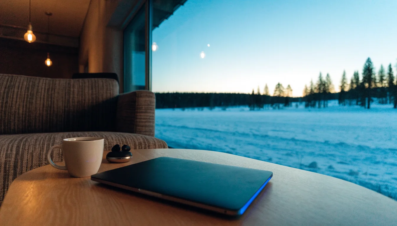 Suomalainen olohuone illalla, kannettava tietokone pöydällä