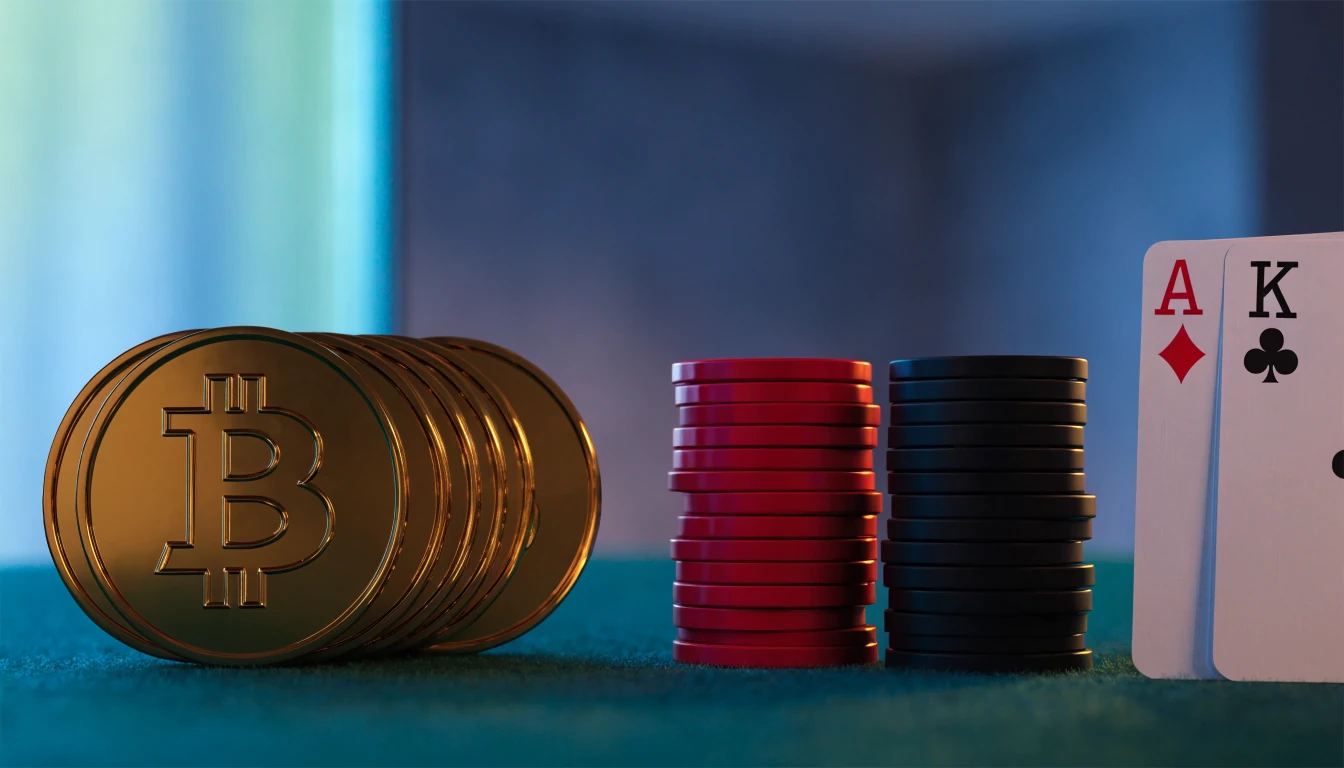 Kultaisia Bitcoin-kolikoita, kasinomerkkejä ja pelikortteja huopapöydällä viileässä pohjoismaisessa valaistuksessa.