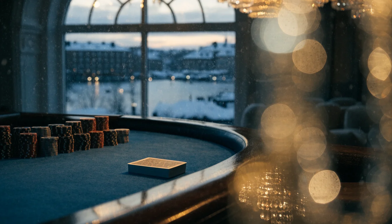 Ylellinen blackjack-pöytä suomalaisessa pelisalissa tunnelmallisessa valaistuksessa