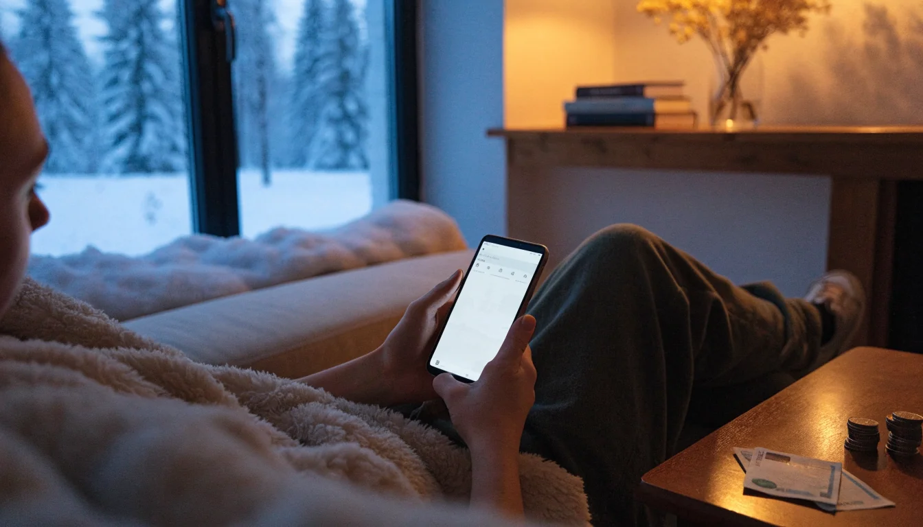 Suomalainen pelaaja sohvalla puhelimella ja pieni talletus pöydällä