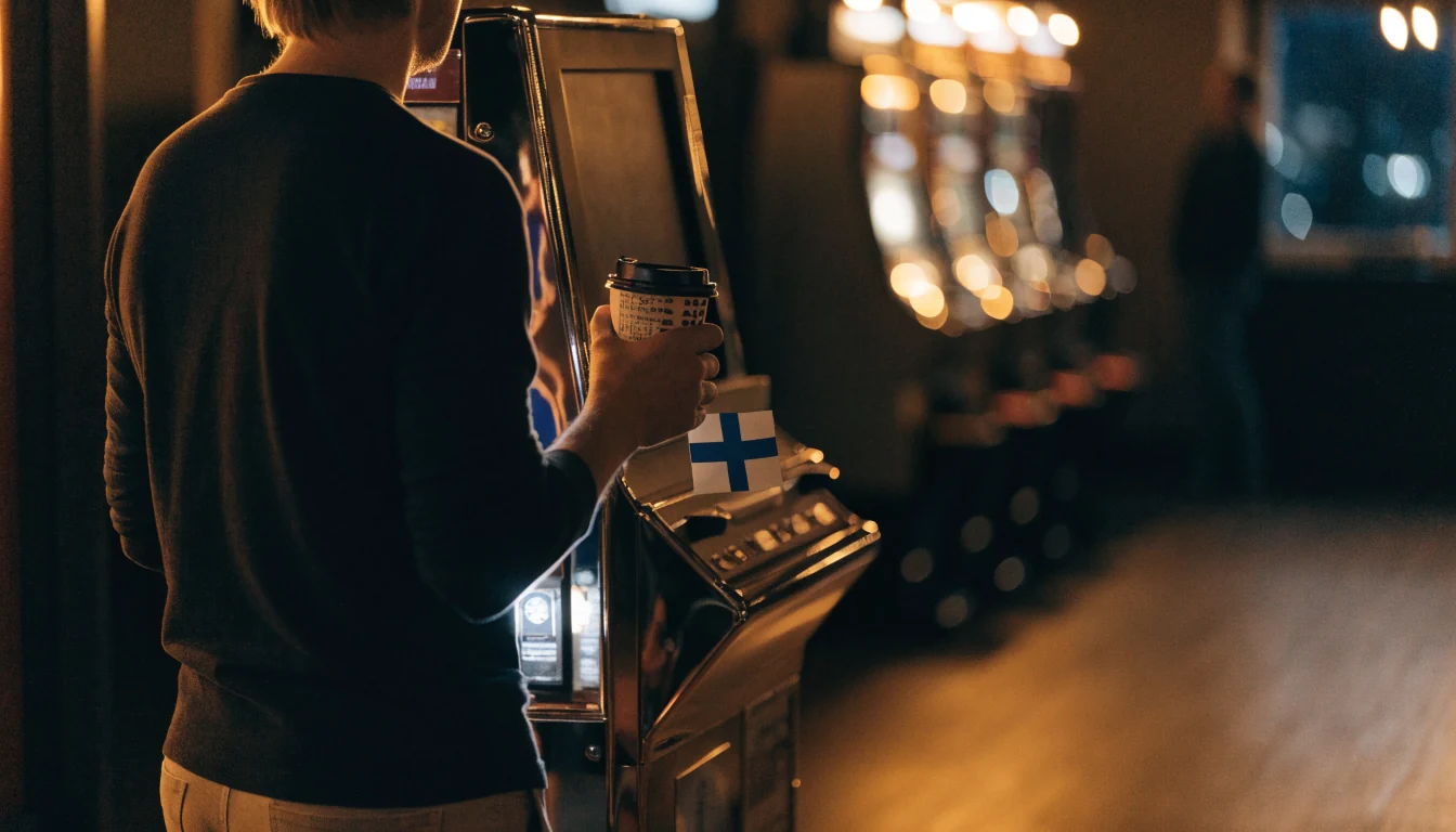 Kolikkopeli suomalaisessa pelisalissa, näyttö pois käännettynä