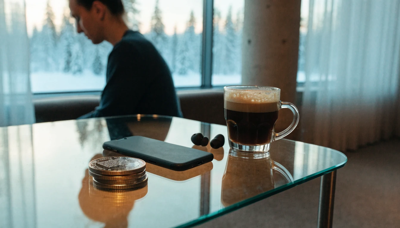 Kryptovaluutan kolikoita pöydällä suomalaisessa kodissa