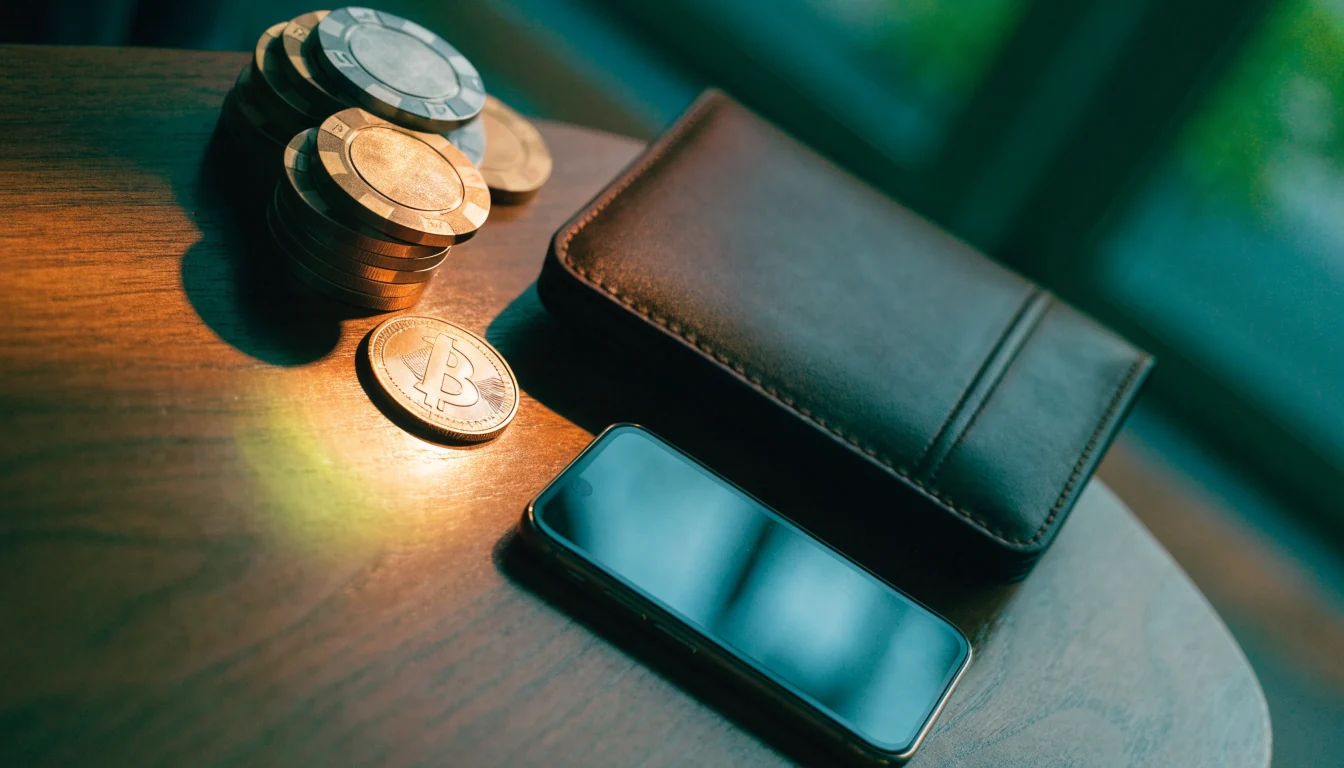 Kasinopelimerkit, Litecoin-kolikko ja kryptolompakko pöydällä