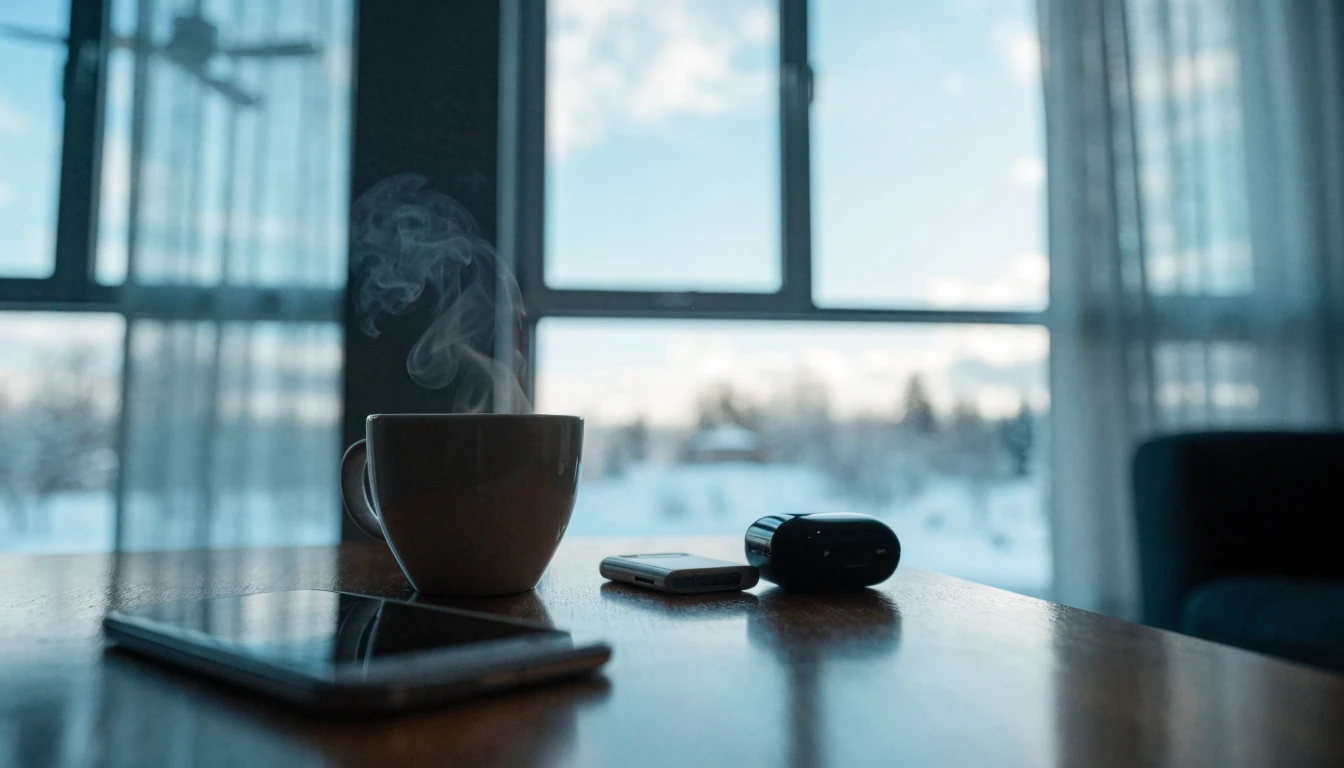 Suomalainen koti, älypuhuin pöydällä kahvin kanssa