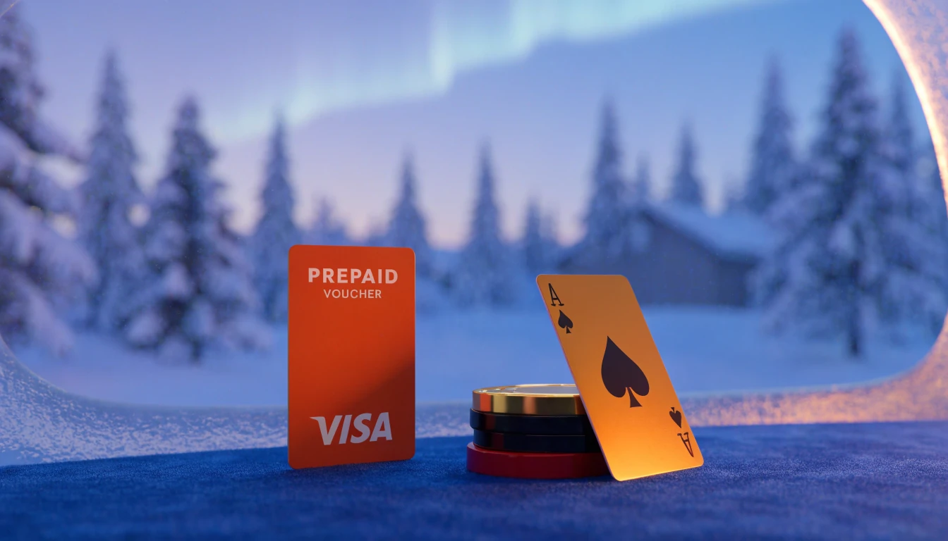 Neosurf-etukortti kasinopelimerkkien ja pelikortin kanssa suomalaisessa talvimaisemassa
