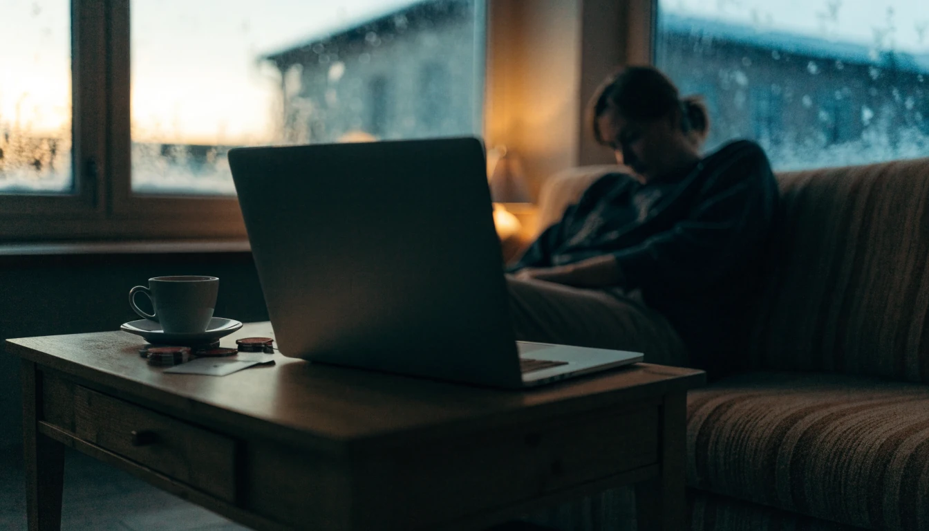 Suomalainen olohuone illalla, pelaaja ja kannettiraha tietokone pöydällä