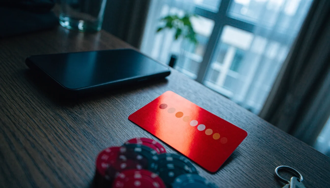 Puhelin, paysafecard-kuponki ja pelimerkkejä tummalla pöydällä
