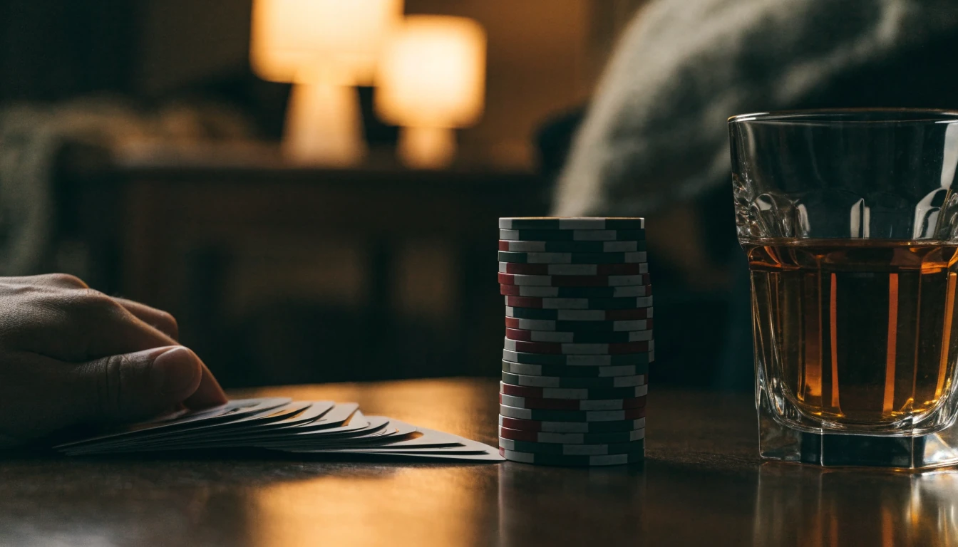 Pokerikortit ja pelimerkit pöydällä tunnelmallisessa valaistuksessa