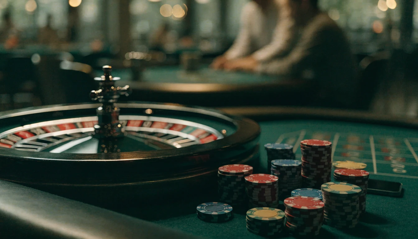 Roulette-pöytä kasinolla, panoskekoja ja ylösalainen puhelin