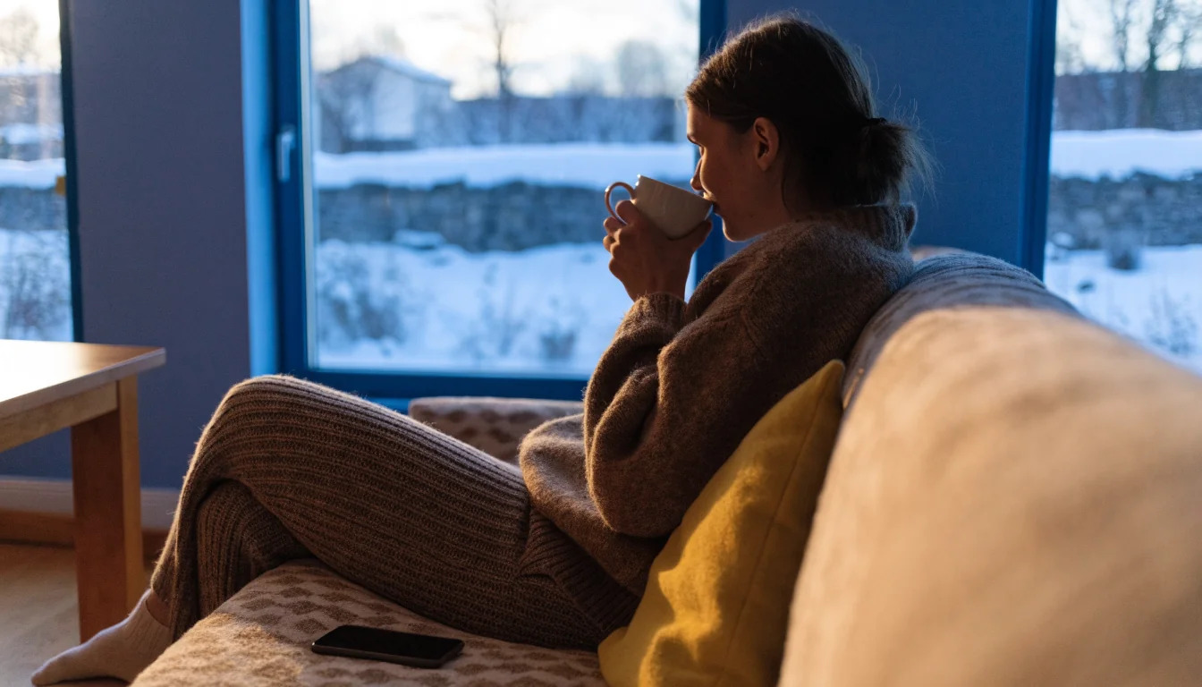 Suomalainen rentoutuu sohvalla älypuhelin vieressään, nopea kotiutus
