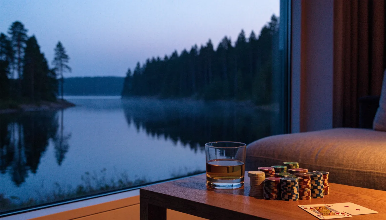 Suomalainen olohuone, pokerimerkkejä ja pelikortteja puisella pöydällä, järvimaisema ikkunassa