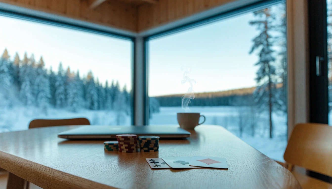 Moderni suomalainen olohuone, luminen metsä ikkunasta, kannettava tietokone ja pelimerkit pöydällä