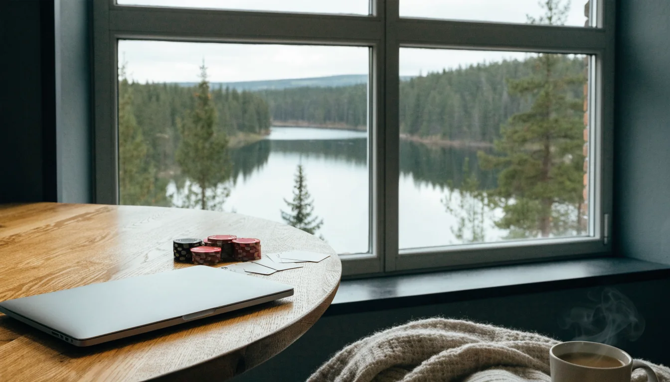 Skandinaavinen olohuone, jossa pelimerkkejä ja kortteja puisella pöydällä