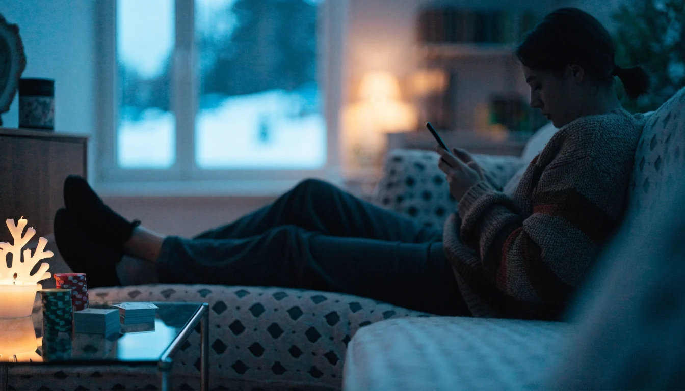 Nuori aikuinen rentoutuu sohvalla suomalaisessa olohuoneessa kännykkä kädessä, pöydällä kasinon pelimerkkejä ja kortteja.