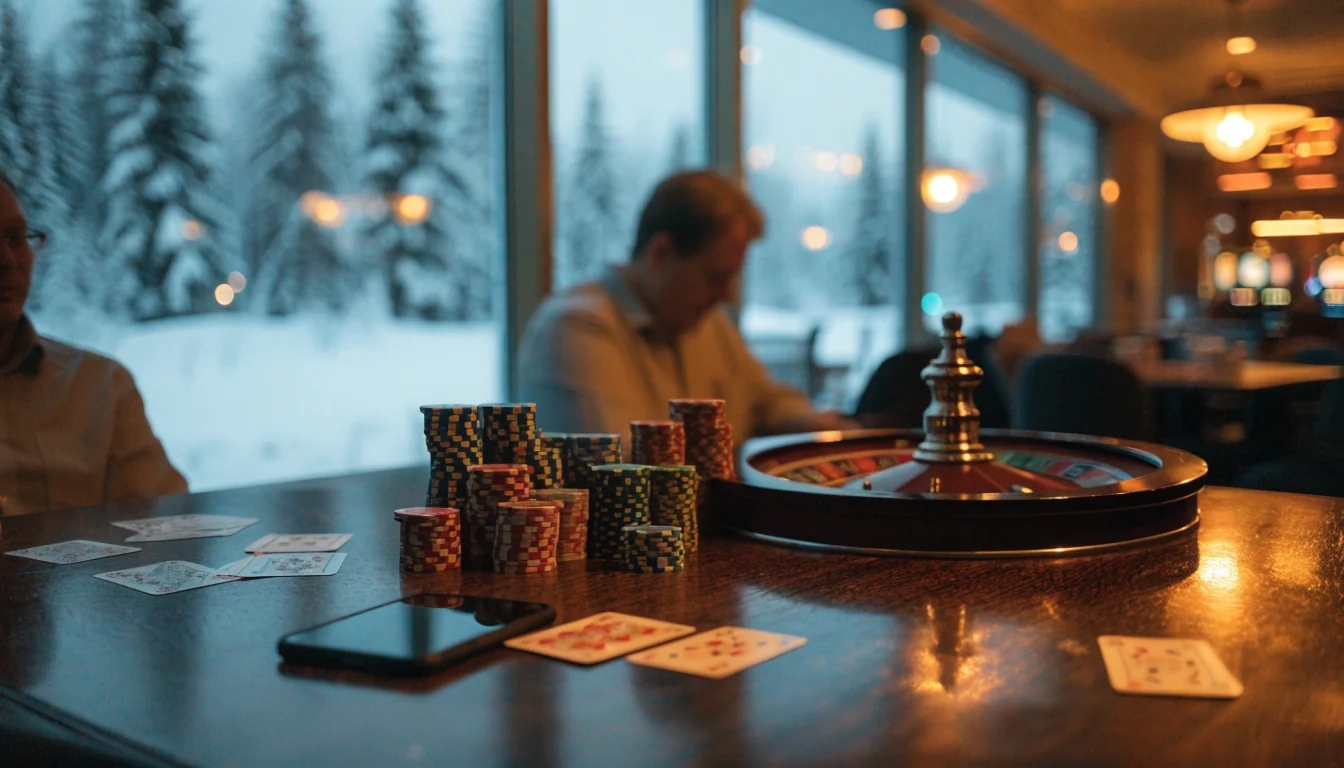 Casino-sali, jossa pelimerkkejä, rulettipöytä ja talvinen tunnelma